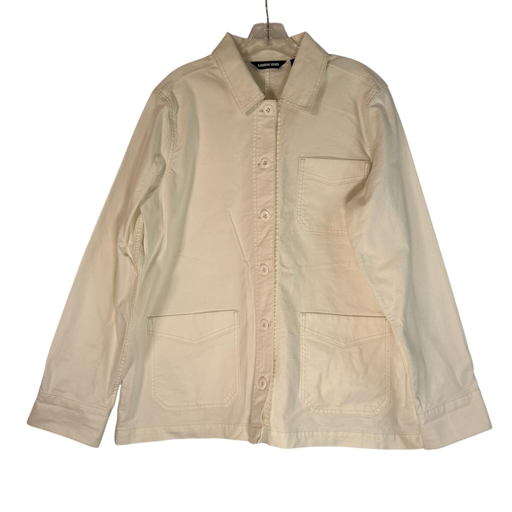 Lands End Womens XL 18 Cream Cotton Canvas Button Front Chore Jacket Coat
